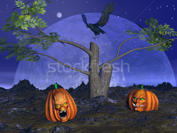 Halloween Kürbisse Landschaft 3d render toter Baum Krähe Stock foto © Elenarts