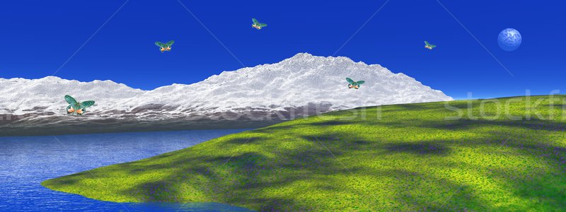 Békés hegy tájkép fehér zöld fű kék Stock fotó © Elenarts