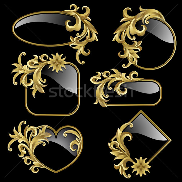 Foto stock: Conjunto · ouro · quadros · plantas · preto · textura