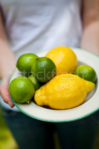 Lemon and lime on a plate Stock photo © ElinaManninen