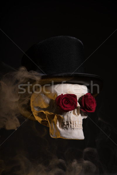 Skull in tophat with red roses in eye sockets   Stock photo © Elisanth