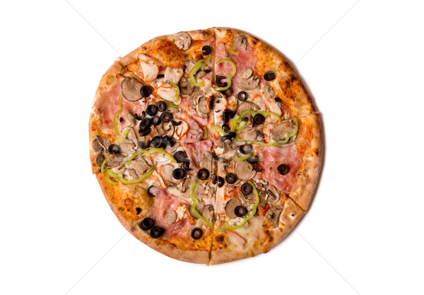 Top view of tasty Italian pizza with ham, mushrooms, and olives  Stock photo © Elisanth