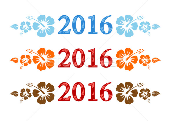 Stock photo: Vector colorful aloha 2016 text with hibiscus 