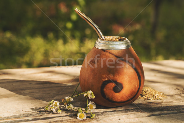 Traditional Argentinean yerba mate drink in Calabash with Bombil Stock photo © Elisanth