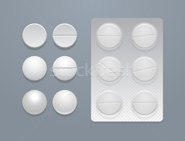 Stock photo: Vector white round pills and blister pack 