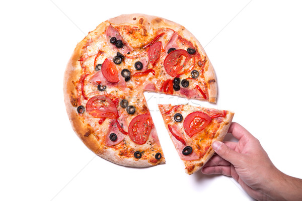 Mannelijke hand pizza slice smakelijk geïsoleerd Stockfoto © Elisanth