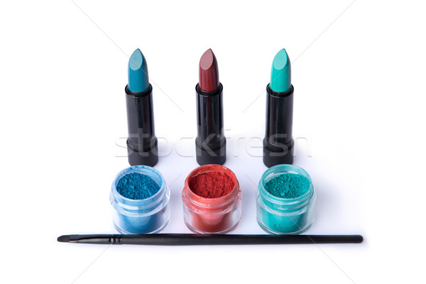 Makeup brush, lipsticks and matching eye shadows  Stock photo © Elisanth