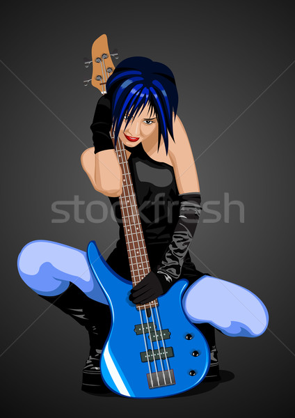 Stock foto: Rock · Mädchen · Gitarre · schönen · blau · Bass