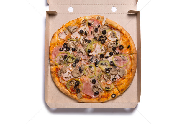 [[stock_photo]]: Haut · vue · savoureux · boîte · à · pizza · isolé · blanche