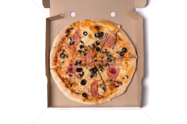 Top view of tasty pizza with ham and olives  Stock photo © Elisanth
