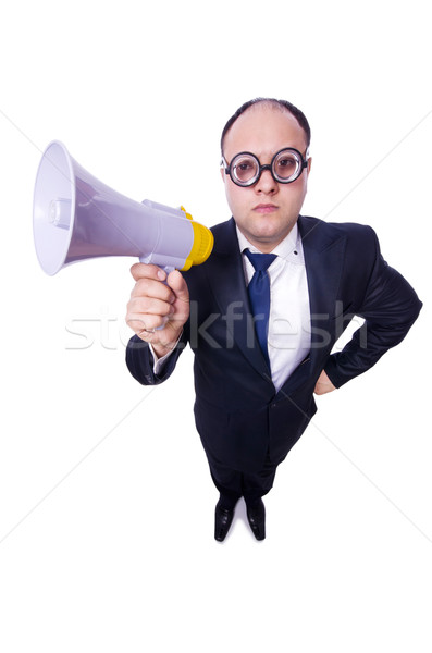 Funny man with loudspeaker on white Stock photo © Elnur