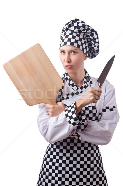 Female chef holding chopping board and knife isolated on white Stock photo © Elnur