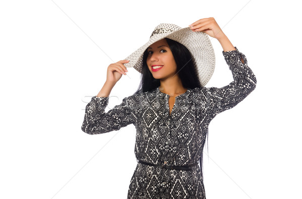 Stockfoto: Zwart · haar · vrouw · lang · grijs · jurk · geïsoleerd