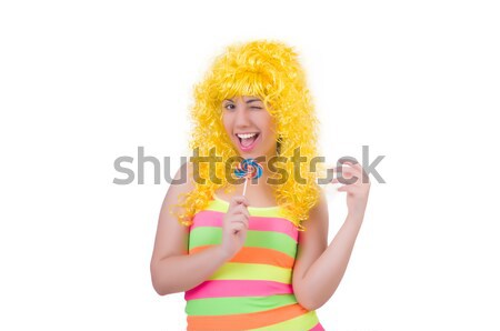 Curly woman holding lolly pop isolated on white Stock photo © Elnur