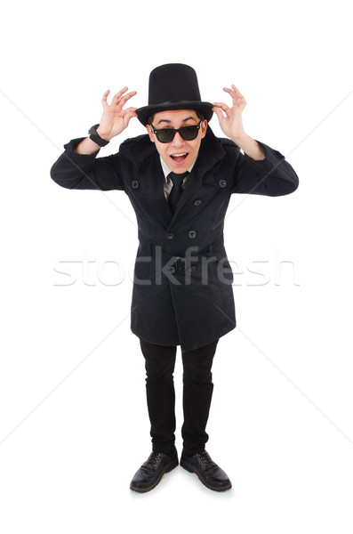 Foto stock: Jóvenes · detective · negro · abrigo · aislado · blanco