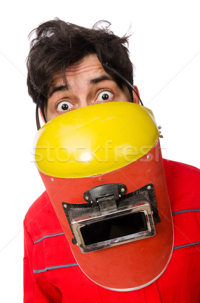 Foto stock: Engraçado · soldador · isolado · branco · homem · construção