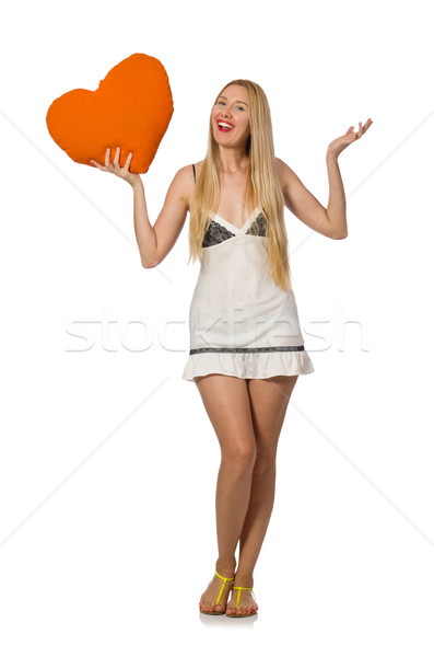 Young caucasian woman holding orange cushion isolated on white Stock photo © Elnur