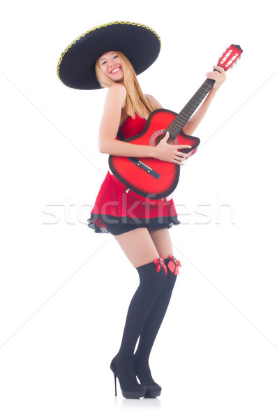 Vrouw sombrero hoed gitaar muziek partij Stockfoto © Elnur