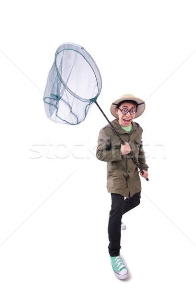 Stock photo: Funny guy with catching net on white