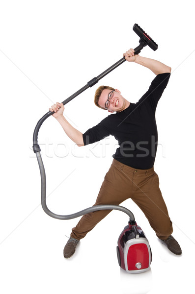 Funny man with vacuum cleaner on white Stock photo © Elnur