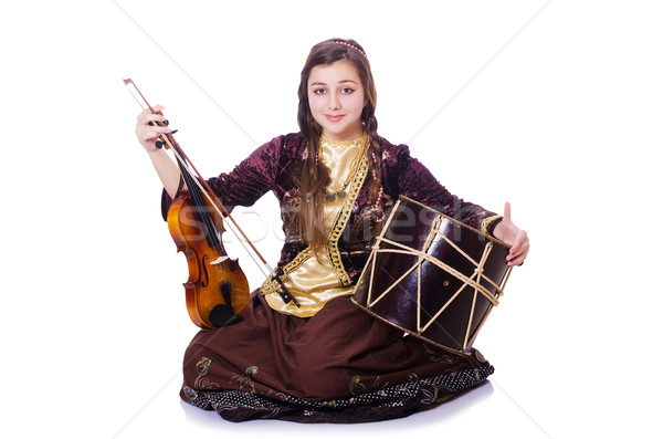 Fiatal nő játszik hangszerek fehér zene tánc Stock fotó © Elnur