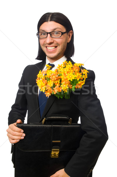 Handsome businessman with flower and brief case isolated on whit Stock photo © Elnur