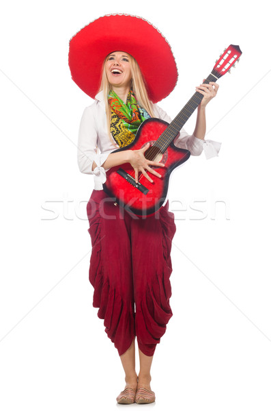 Stock photo: Woman wearing guitar with sombrero