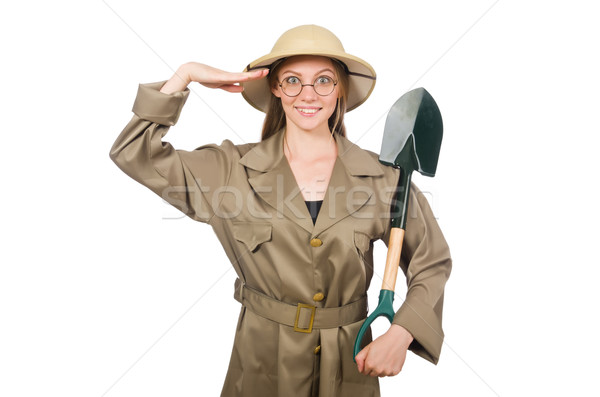 Woman wearing safari hat on white Stock photo © Elnur