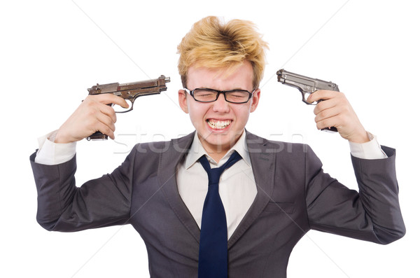 Stock photo: Funny businessman with gun on white