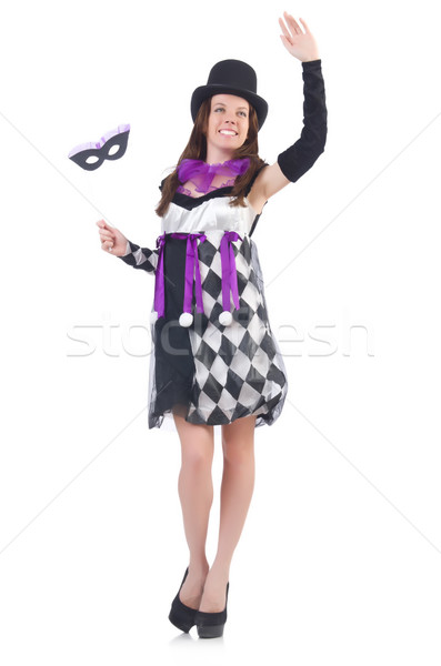 Pretty girl in jester costume with mask  isolated on white Stock photo © Elnur