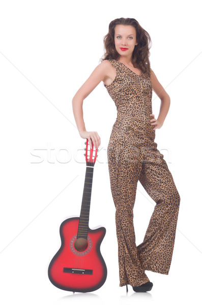 Kadın leopar giyim beyaz gitar müzik Stok fotoğraf © Elnur