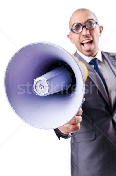 Funny man with loudspeaker on white Stock photo © Elnur