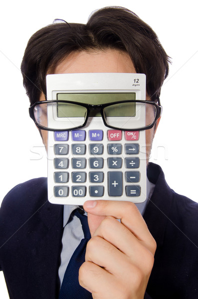 Stock photo: Funny man with calculator isolated on white