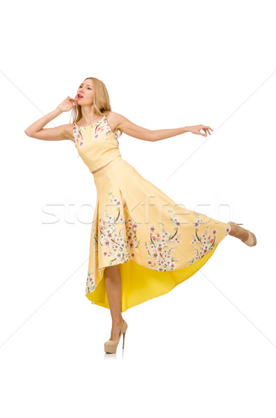 Stock photo: Blond girl in charming dress with flower prints isolated on whit