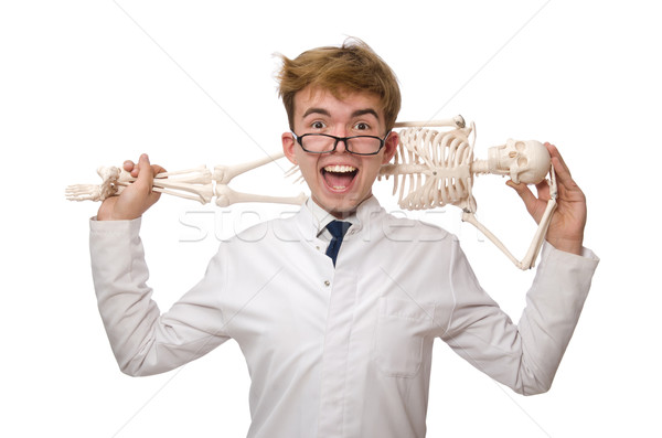 Funny doctor with skeleton isolated on white Stock photo © Elnur