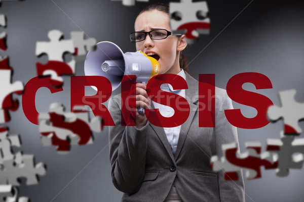 Foto stock: Mujer · altavoz · crisis · dinero · triste · empresarial