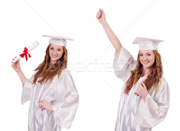 Foto stock: Mulher · estudante · isolado · branco · escolas · fundo