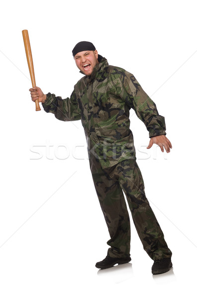 Young man in soldier uniform holding bludgeon isolated on white Stock photo © Elnur