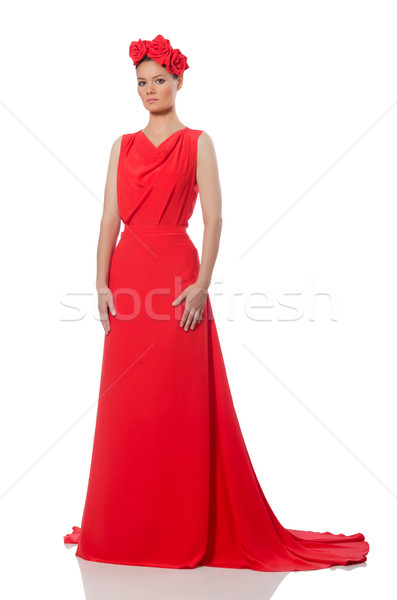 Destul de caucazian model roşu lung rochie de seara Imagine de stoc © Elnur