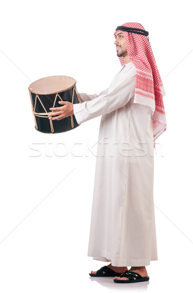 Emiraty człowiek gry drum odizolowany biały Zdjęcia stock © Elnur