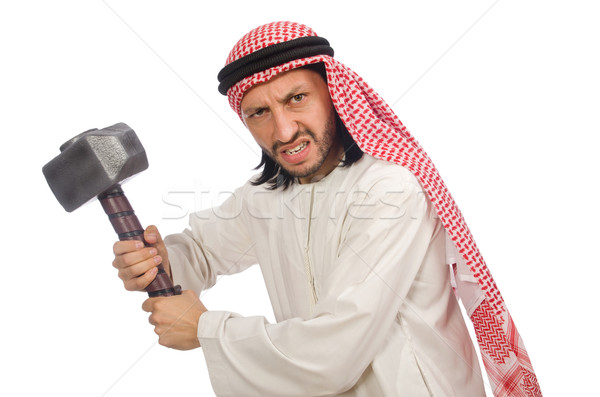 Stock photo: Angry arab man with hammer isolated on white