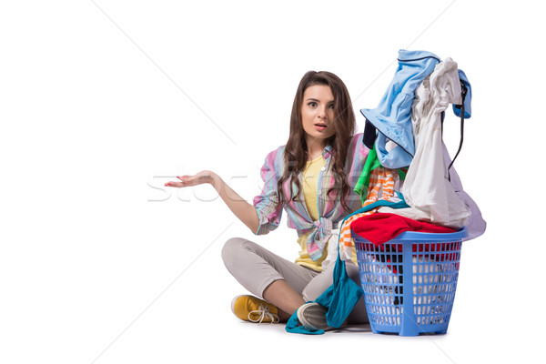 Foto stock: Mujer · cansado · lavandería · aislado · blanco · casa