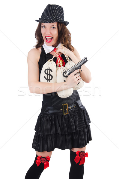 Stock photo: Woman gangster with gun and money