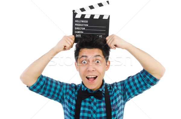 Stock photo: Man with movie clapperboard isolated on white