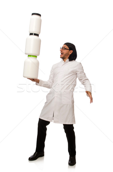 Funny doctor with protein jars isolated on white Stock photo © Elnur