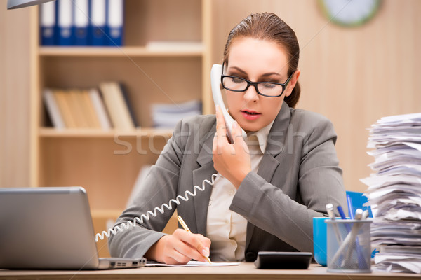 Foto stock: Empresária · estresse · trabalhar · escritório · computador · telefone