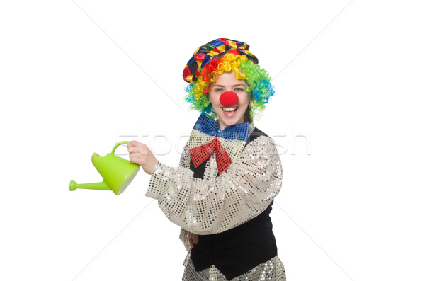 [[stock_photo]]: Homme · clown · arrosoir · isolé · blanche · fille