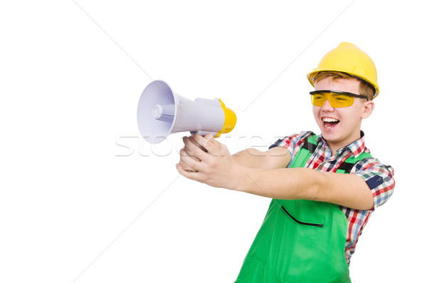 Funny pracownik budowlany głośnik biały budynku domu Zdjęcia stock © Elnur
