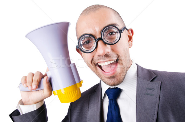 Stock photo: Funny man with loudspeaker on white