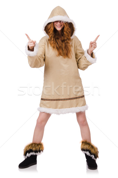 Stock photo: Eskimo girl wearing clothes of all fur isolated on white